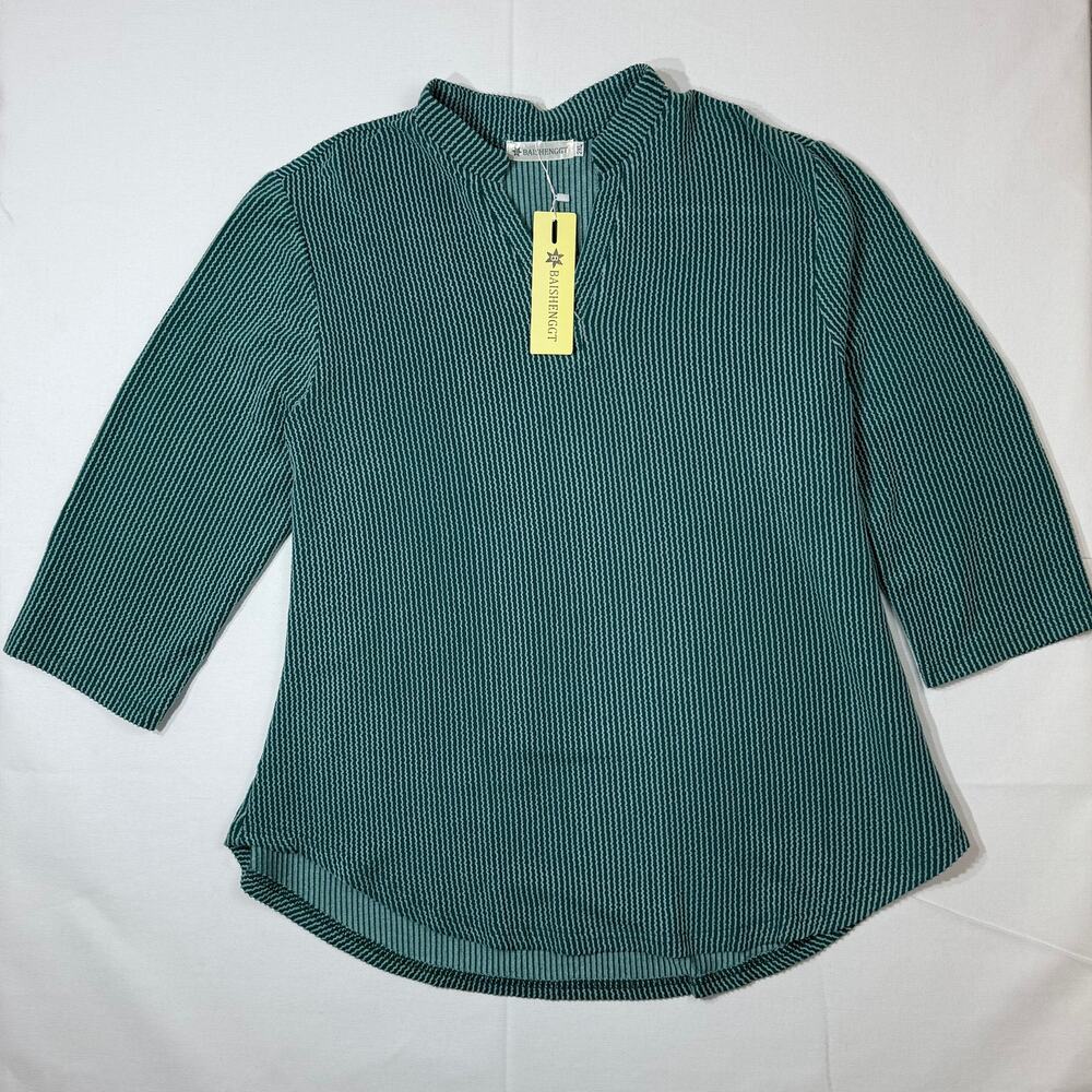 BAISHENGGT Women’s 2XL Ribbed Split Neck Top – Green Striped